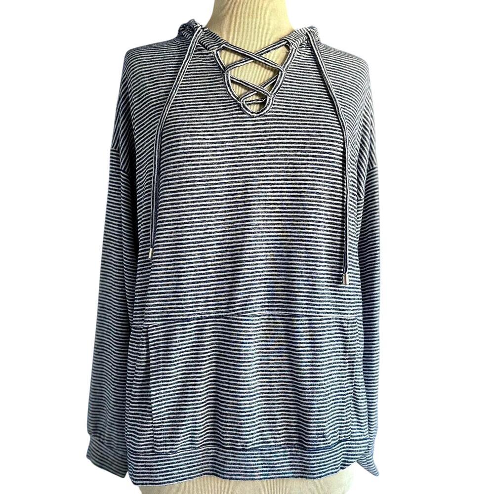 Womens Hoodie Shirt Size Large Blue Stripes Lightweight Packable Travel Hiking